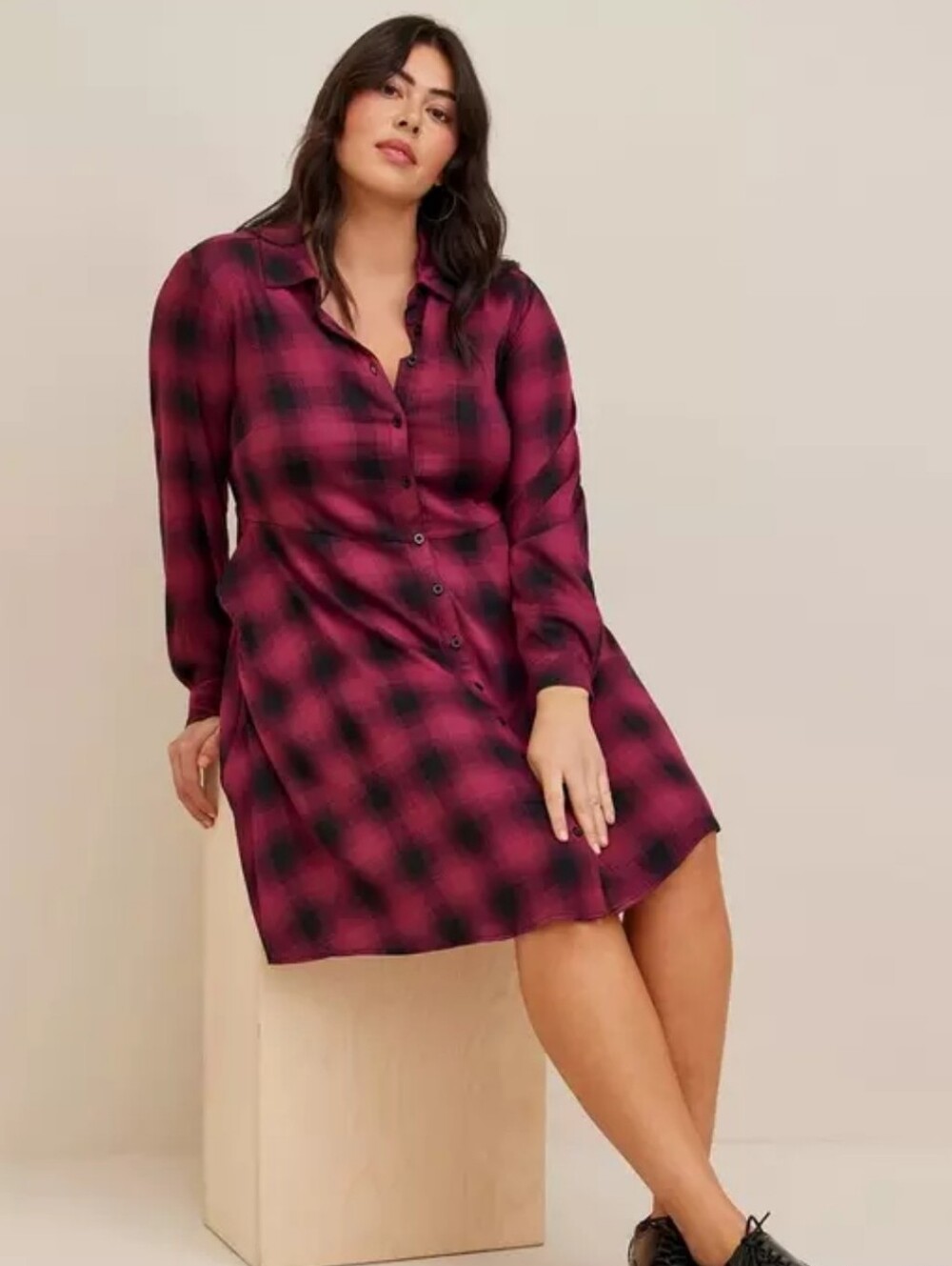 Torrid 1 Mini Challis Collared Plaid Shirt Dress Pink/Black 3978-d